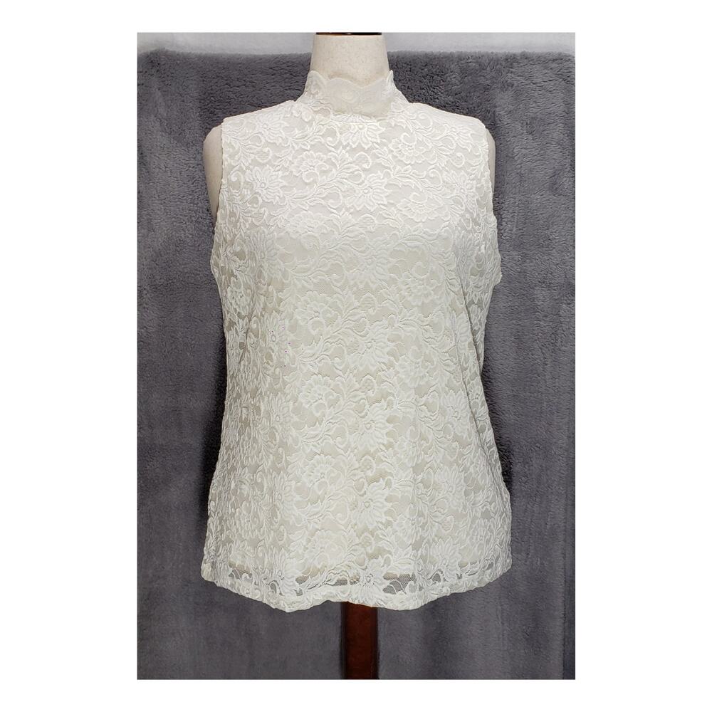 Susan Graver NWT Cream Floral Lace Mock Neck Sleeveless Top Blouse Womens L